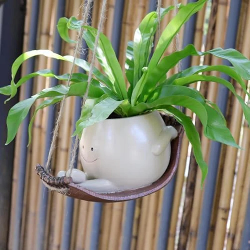 1 Piece Swing Face Plant Pots Cute Hanging Planter Indoor Outdoor Funny Smile Face Flower Pots Resin With Swing Or Hammock