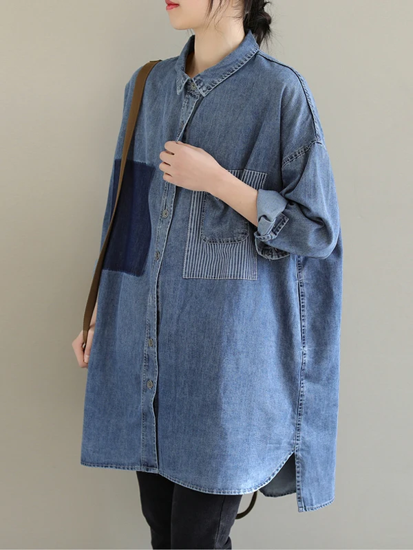 

Women's Loose Casual Long Sve Denim irt Striped Patchwork Midi Coat Autumn Faion New Sle Comfortable Cotton Blend Ja...
