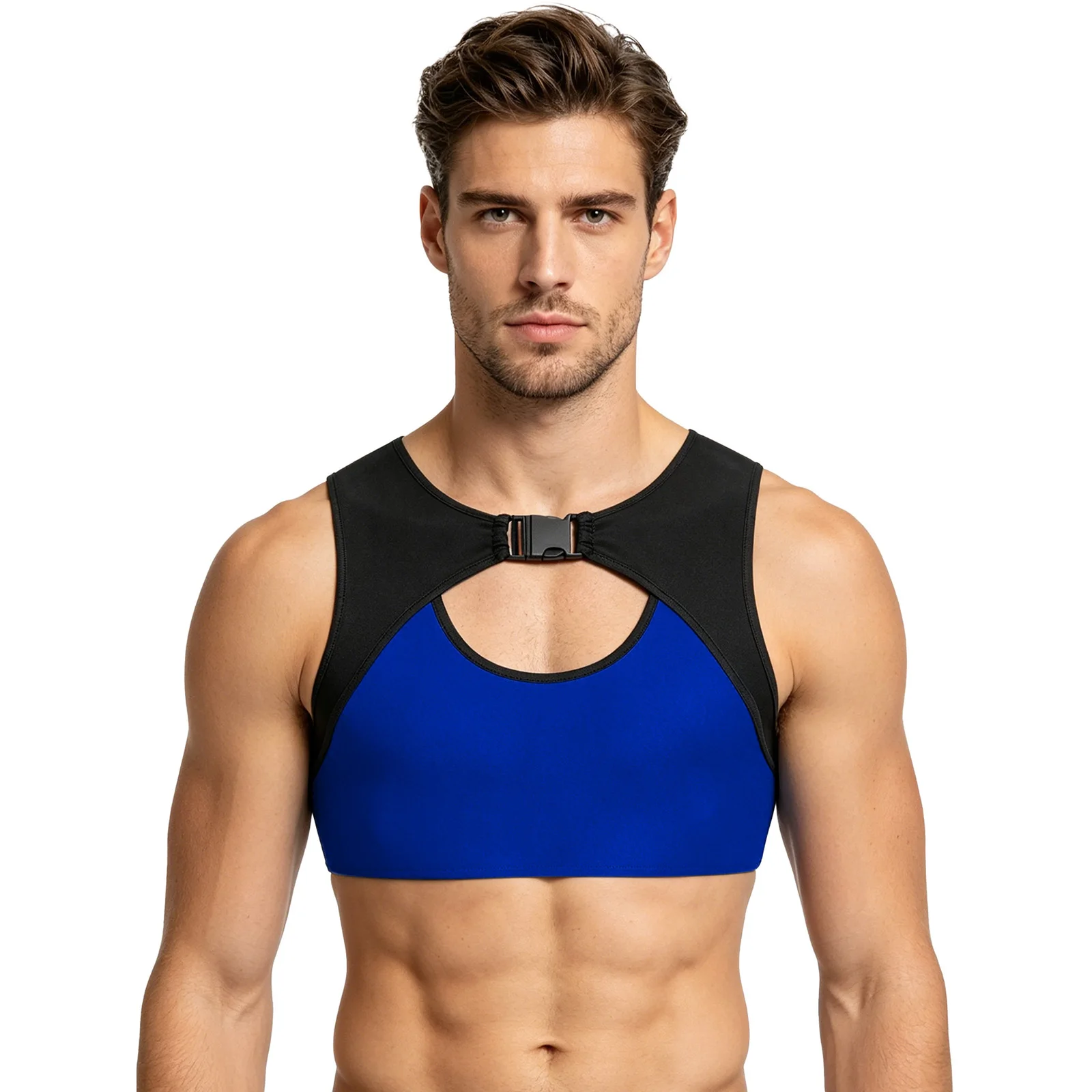 Mens Workout Crop Top Mesh Patchwork Front Hollow Out Buckle Sleeveless Color Blocking Vest Tank Top Shirt for Wrestling Running