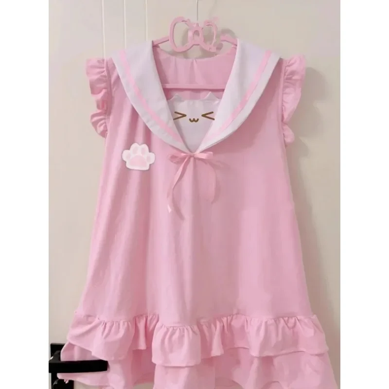 Japonês y2k roupas femininas bonito menina rosa kawaii vestidos doce colete 2025 orelhas de gato sem mangas babados vestido tanque fds3