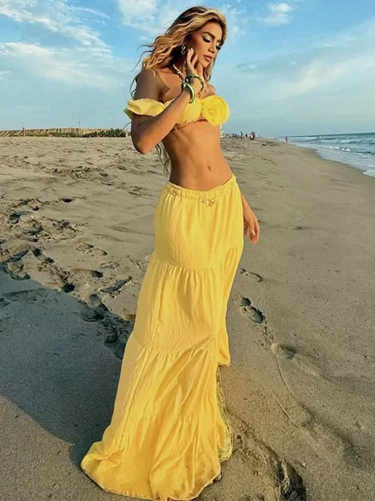 

Модный комплект из 2 предметов: плиссированная юбка и сексуальный летний топ без бретелек с вырезом на спине и пляжная юбка-торт