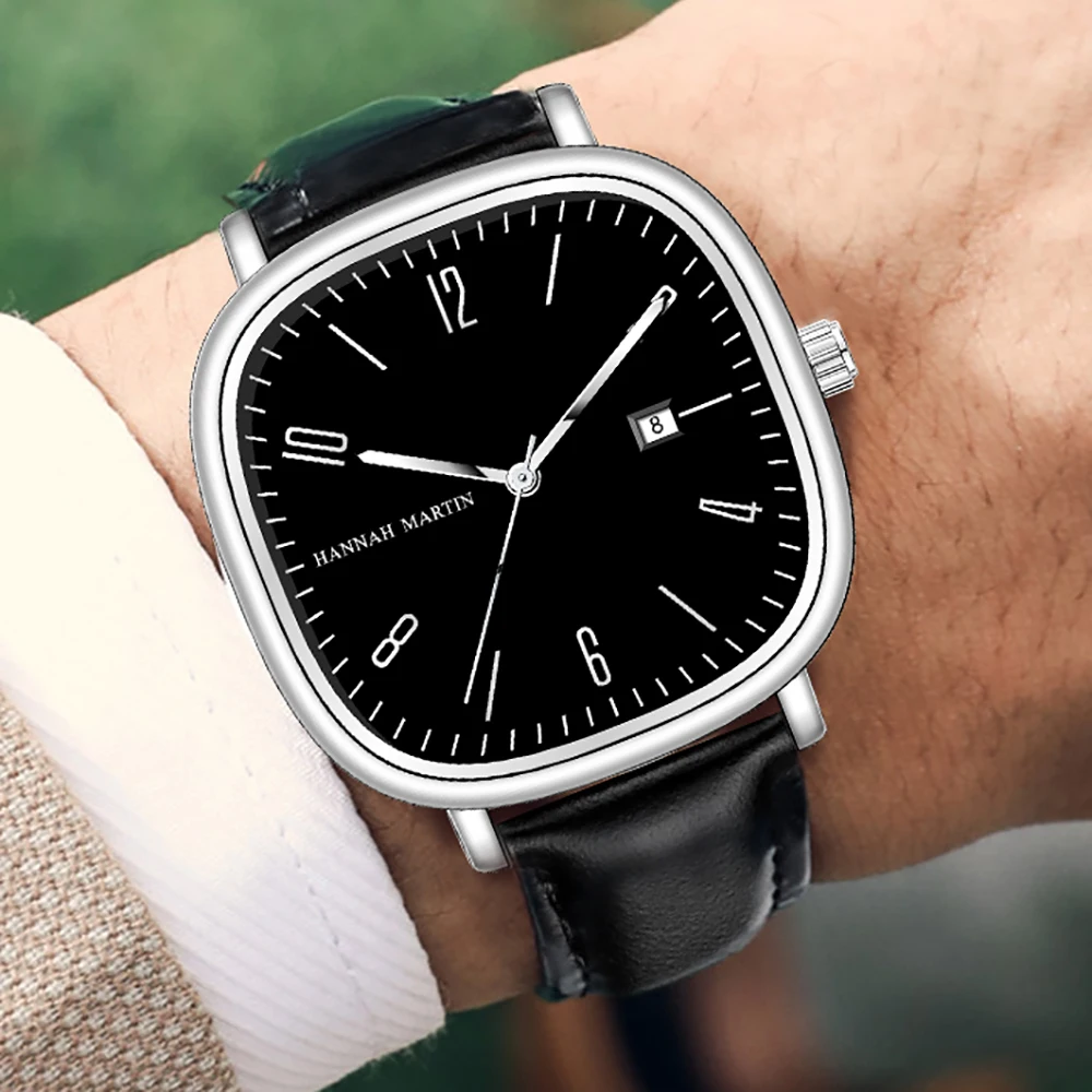 Hannah Martin Business Quartz Watch Men Square 40mm Black Leather Clock Leisure Work Waterproof Military Wristatch for Men Gift