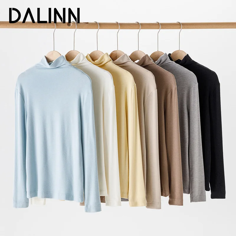 

Woman Basic Top, High Collar, Long Sleeved, Wool Blend Fabric, Slim Soft Thermal T shirts, 2023 Fall Winter Tee, DALINN