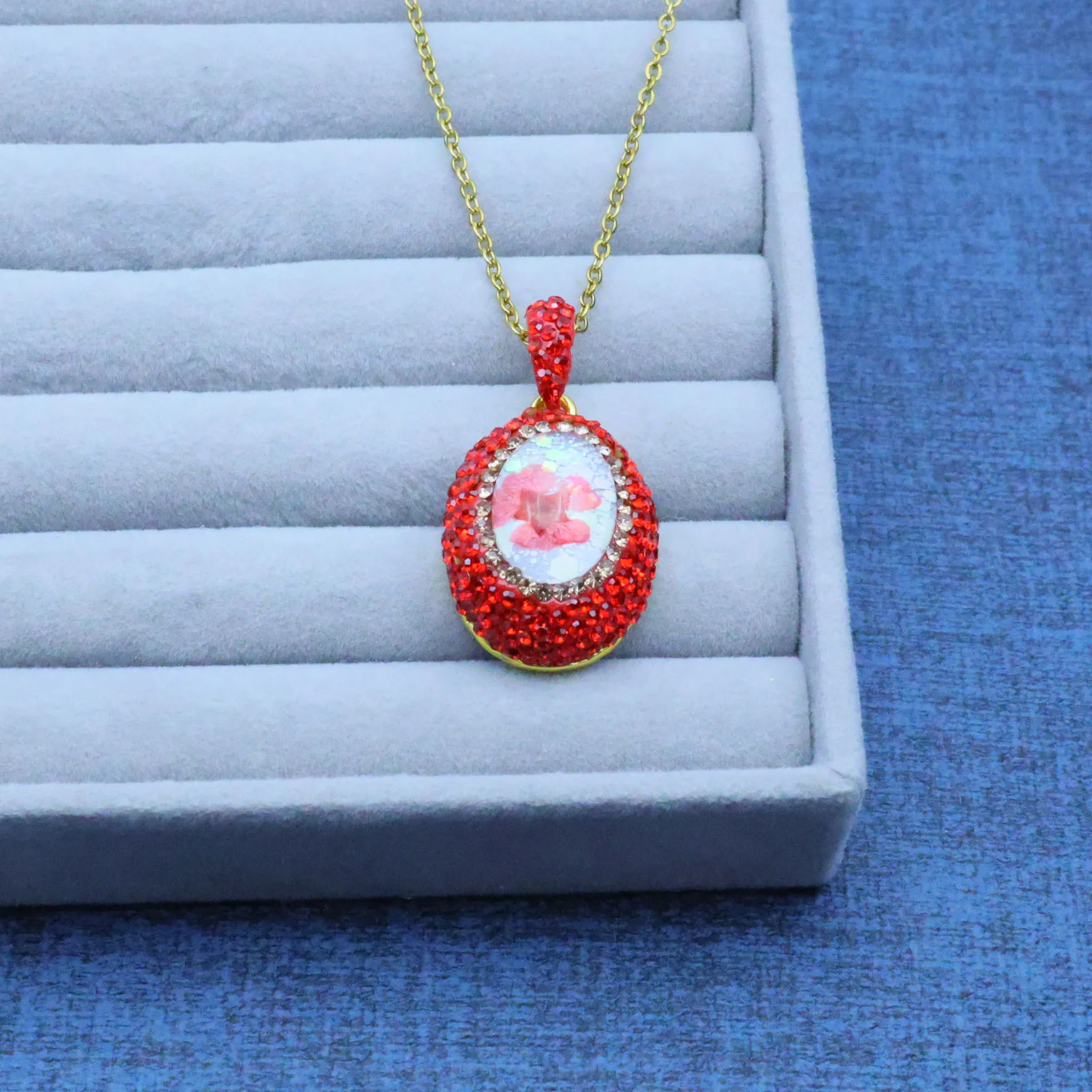 New red crystal diamond crystal inlay oval dried flower real flower painted crystal inlay three-piece set purely handmade