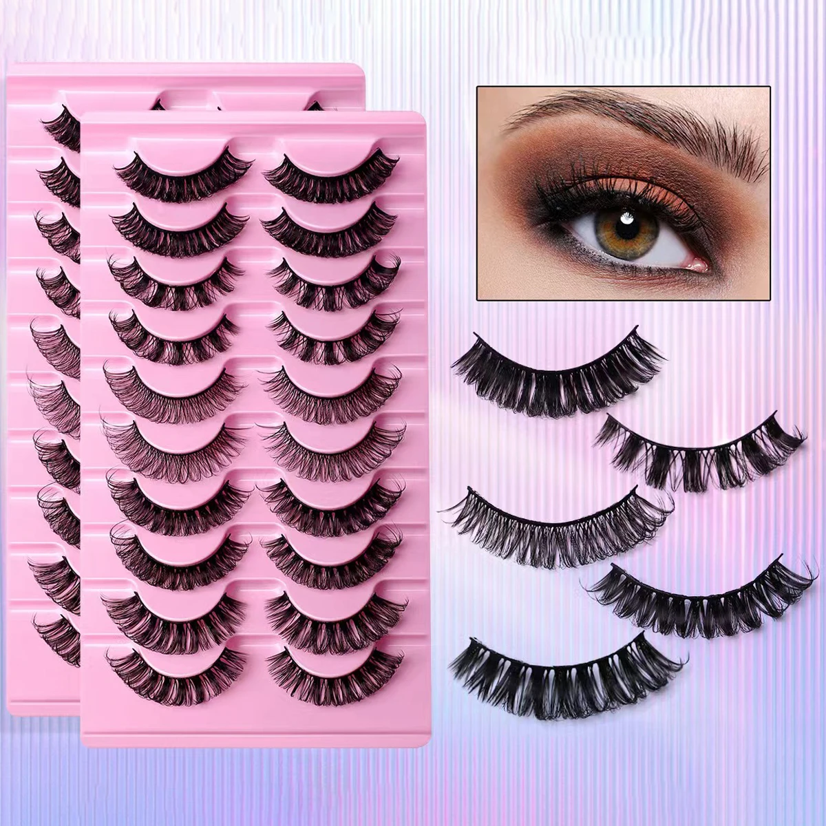 10 pairs of simulated Russian curly false eyelashes with large curvature and curled three-dimensional false eyelashes