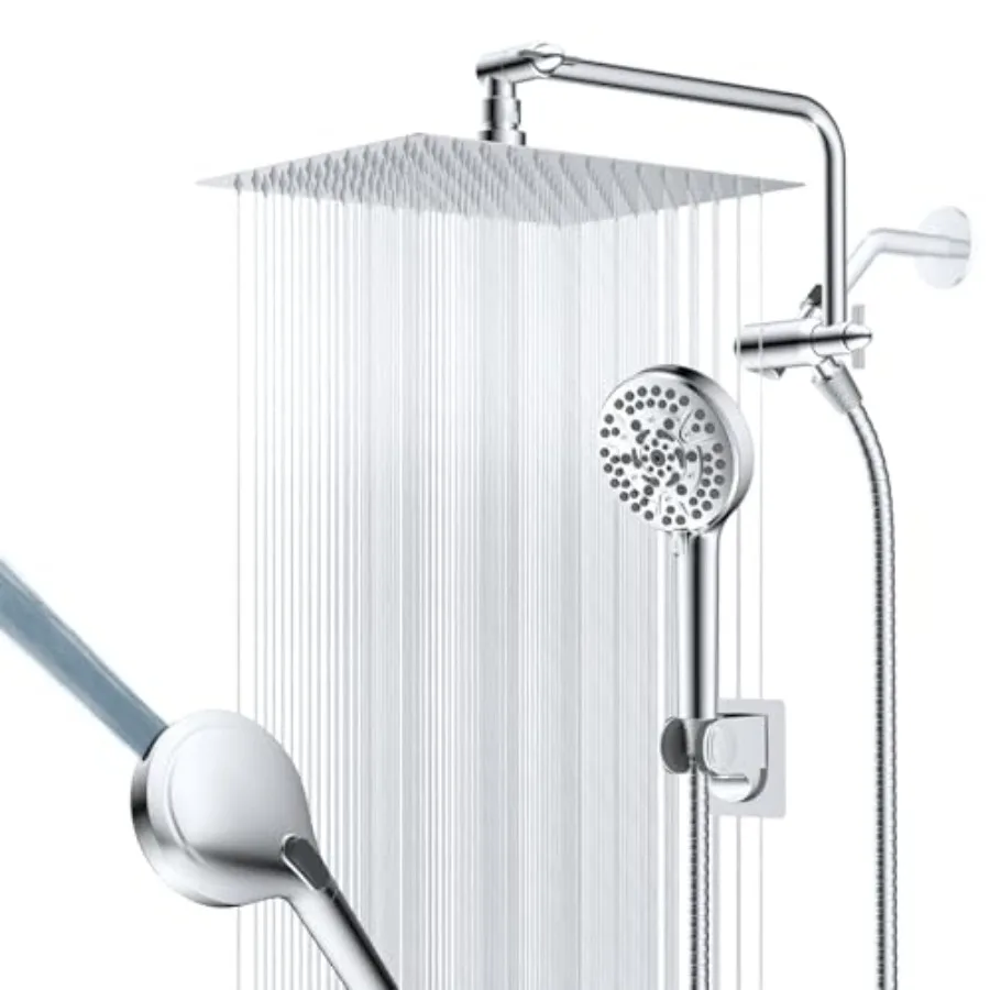 

Shower head for bathroom use, all metal construction, chrome color, high pressure rainfall and handheld combo with adjustable 1