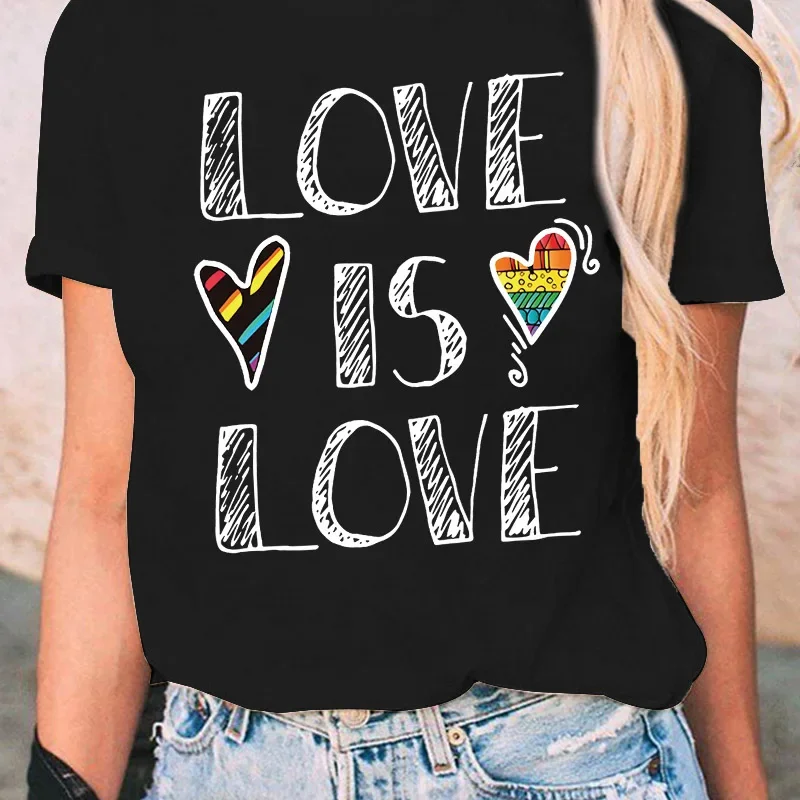 Women's Love is Love is Love Rainbow Graphic T-shirt, Lesbian Pride Tshirts, Lesbian Summer Short Sleeve T Shirts