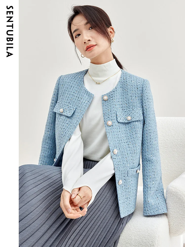 SENTUBILA Sequins Blue Tweed Jacket for Women Luxury Elegant Long Sleeve Round Neck Short Winter Coats Woman Outerwear 133W51277