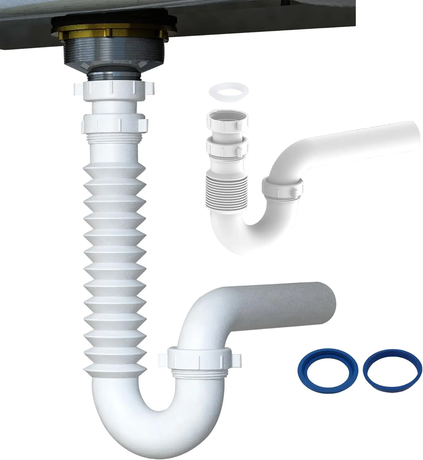 

Flexible P Trap for Bathroom Sink, 1-1/2" or 1-1/4" Expandable Drain Pipe with Slip Joint Connection