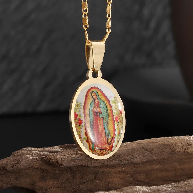 Exquisite Stainless Steel Catholic Virgin Mary Our Lady of Guadalupe Statue Pendant Necklace Women's Lucky Amulet Jewelry