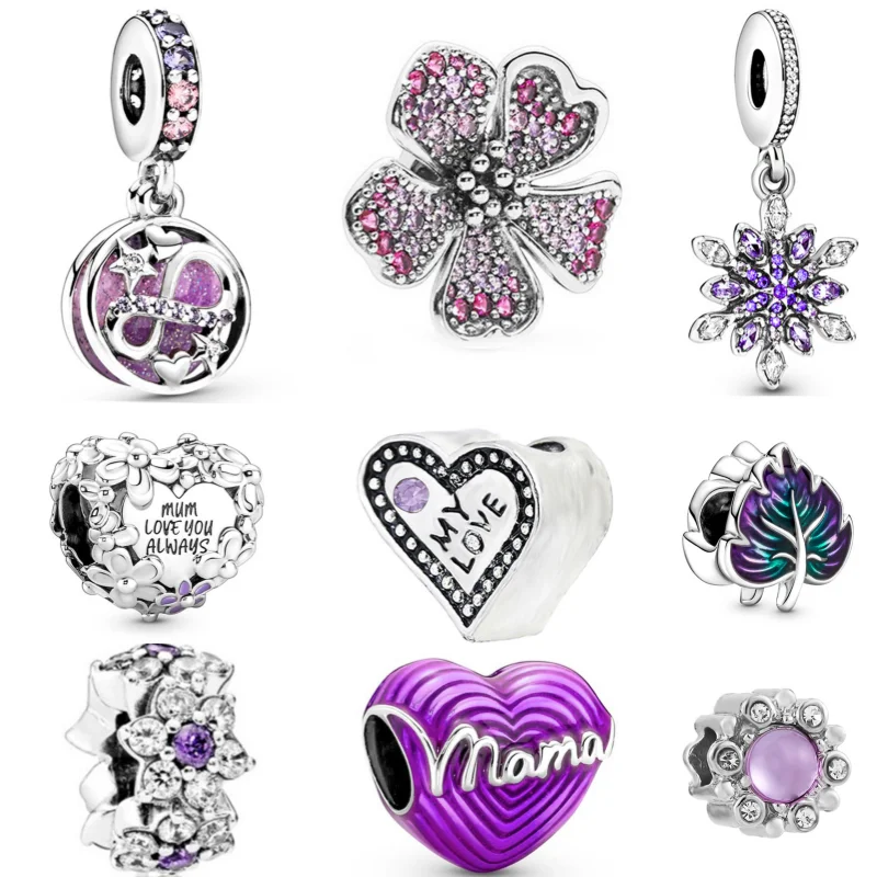 Purple Love Heart Diamonds Charms Beads For Pandora Bracelets Keychain Necklace DIY Jewelry Accessories For MOM Festive Gifts