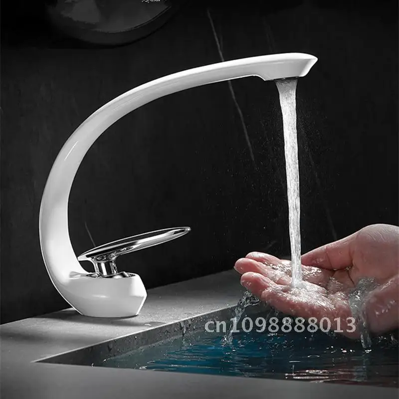 

Creative Bathroom Sink Faucet Tap White Brass Wash Basin Faucets Mixer and Handle Modern Elegant Hot Tap Single Cold Waterfall