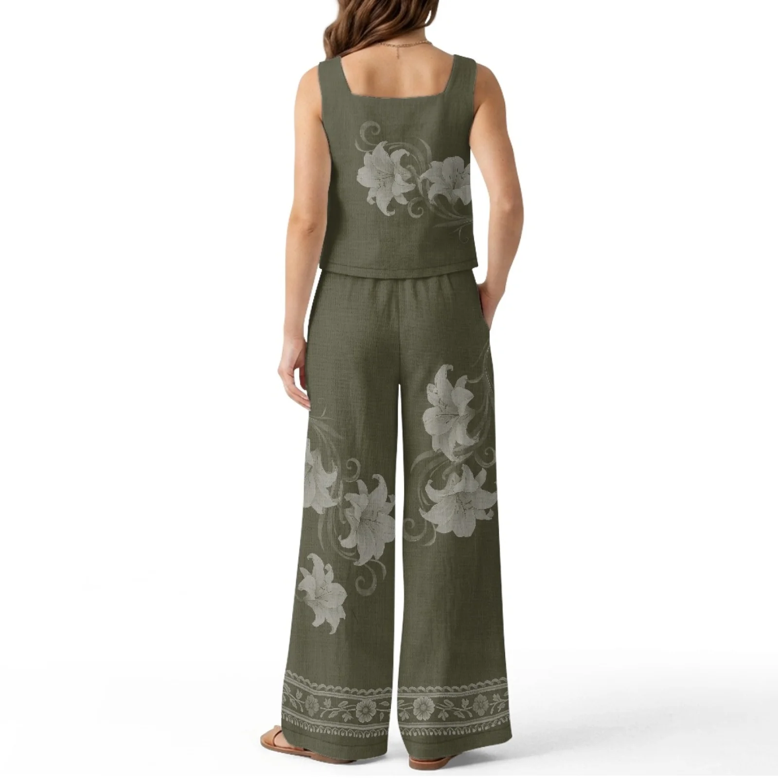 INSTANTARTS Women’s Linen Vest Set Women’s Wide-leg Trousers Lightweight Breathable Soft Comfortable Quick-dry Outfits Flower view 3