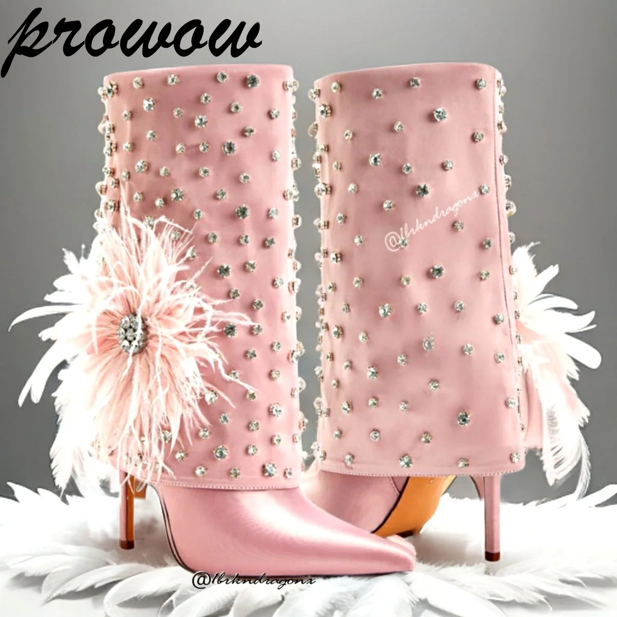 

Prowow/розовые ботильоны на каблуке со стразами и перьями, современные ботинки больших размеров в стиле пэчворк с острым носком