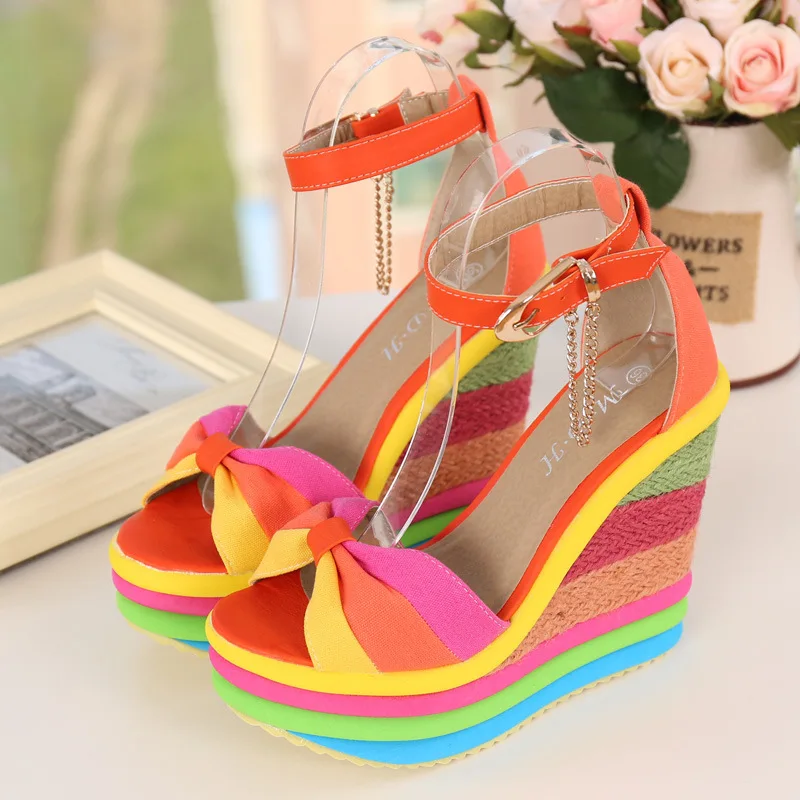 Women's Wedges Sandals Colorful Platform Rainbow Shoes Bowknot Hemp Bottom Female Ankle Buckle Strap Ladies Shoe Summer New 2021