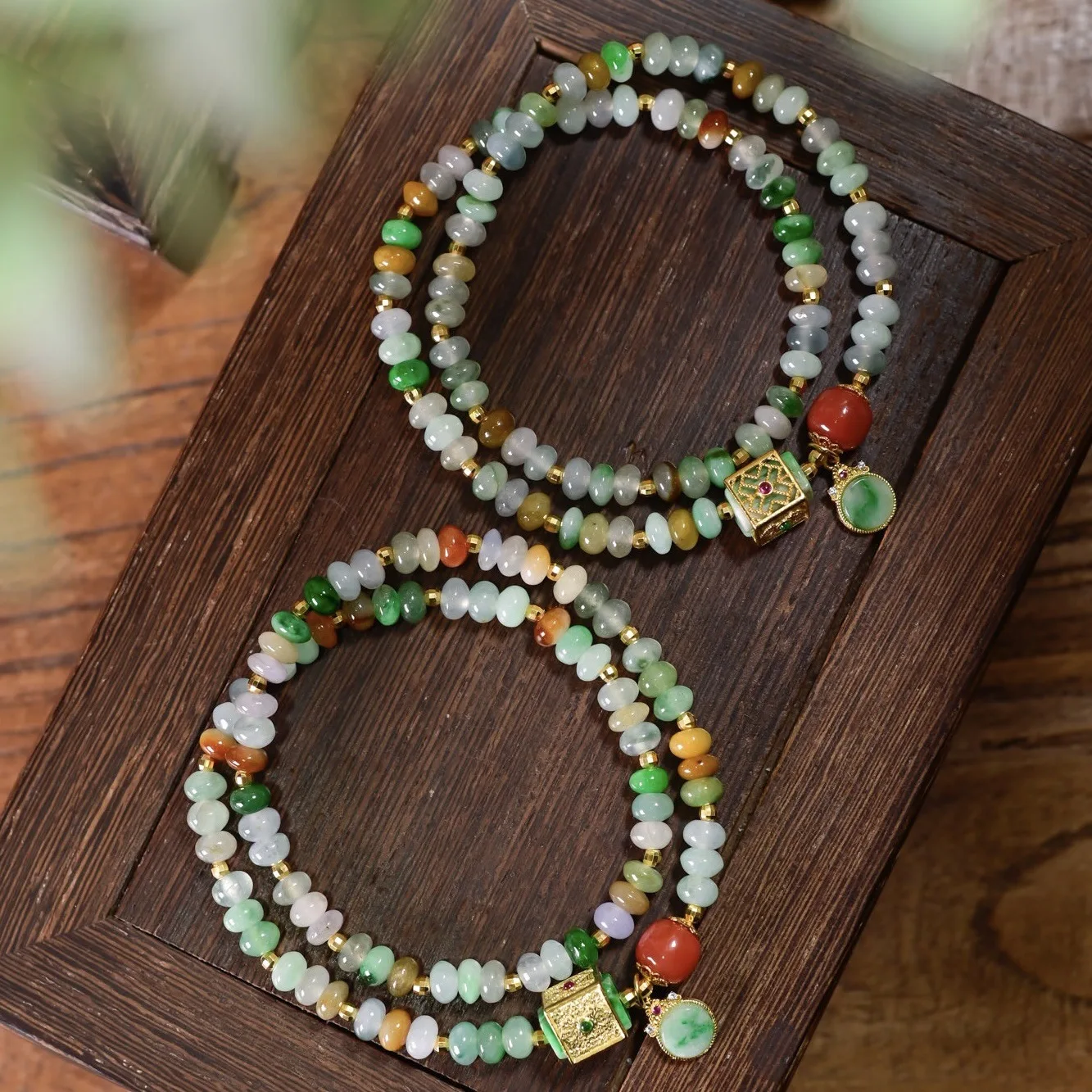 Natural Grade‑A Tri‑Color Jadeite Double‑Loop Bracelet, Red Agate Gold‑Plated S925 Silver, Chinese‑Style Bracelet For Women