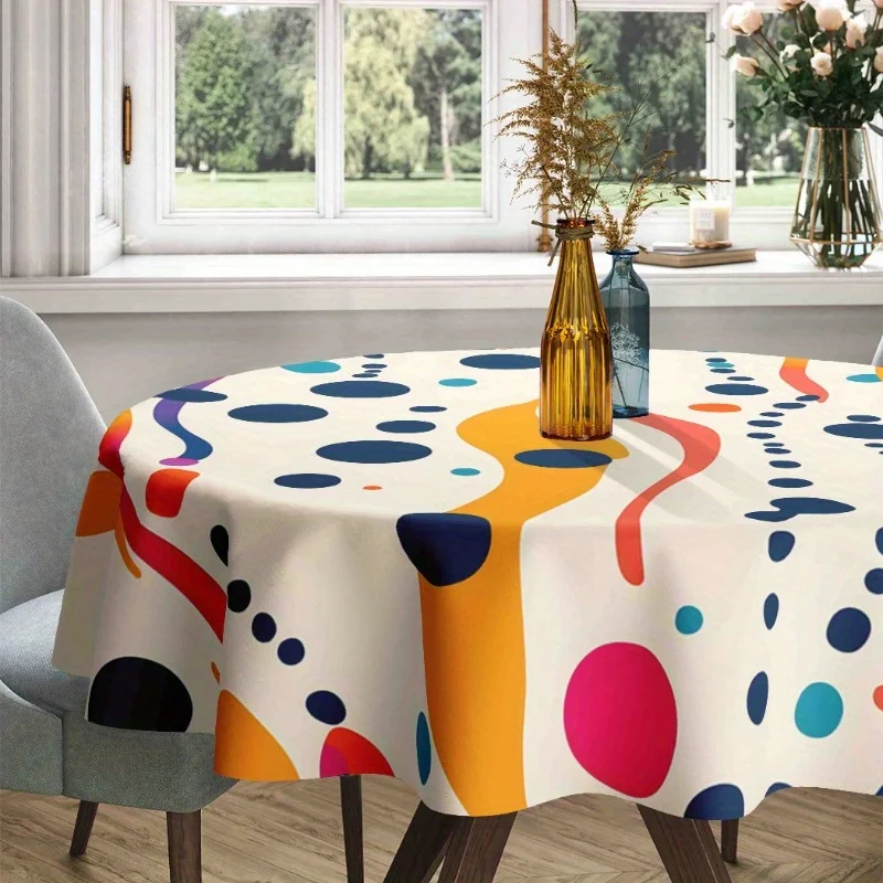 One colorful round tablecloth, 60 inches in size, featuring democratic geometric design, with a retro style.