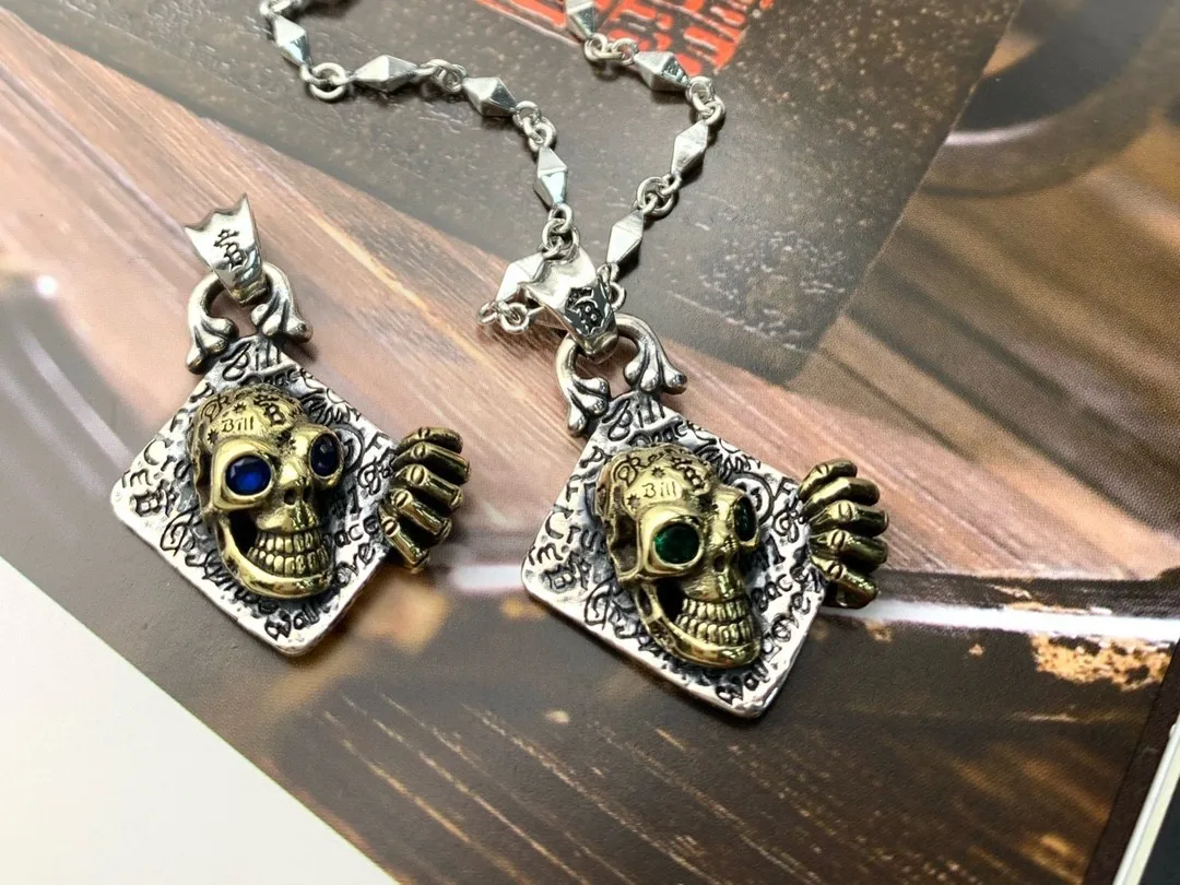 Fashion Tibetan Silver Hip Hop Style  Carved Ghost Hand Skeleton Graffiti Pendant Necklace Men's Sweater Chain Jewelry Gift