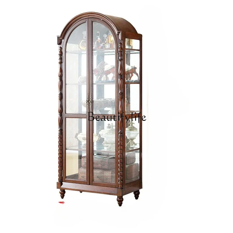 

Solid Wood Double Door Wine Cooler European-Style Simple Retro Arch Partition against the Wall Display Cabinet Made of Glass