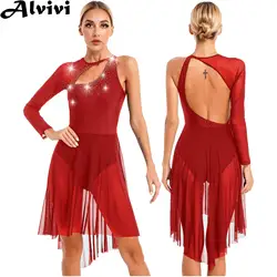 Robe de Patinage sur Glace pour Femme, Tenue de brevLyrique, Ballet, Manches sulf, Strass Brillants, Maille Transparente