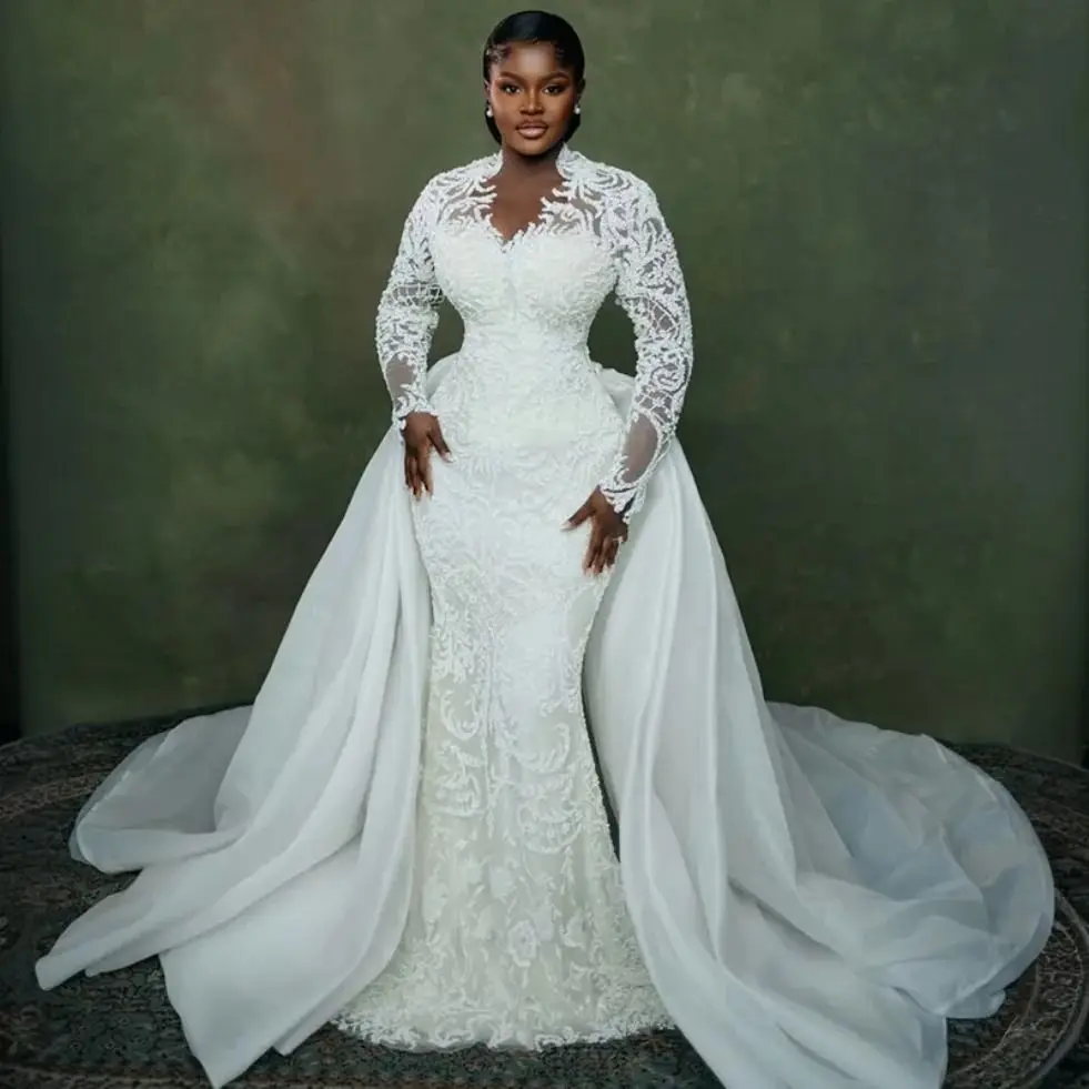 Customized Plus Size Mermaid Wedding Dress Bridal Gowns Bride Illusion Detachable Long Sleeves Beaded Lace Crystals Ruffles