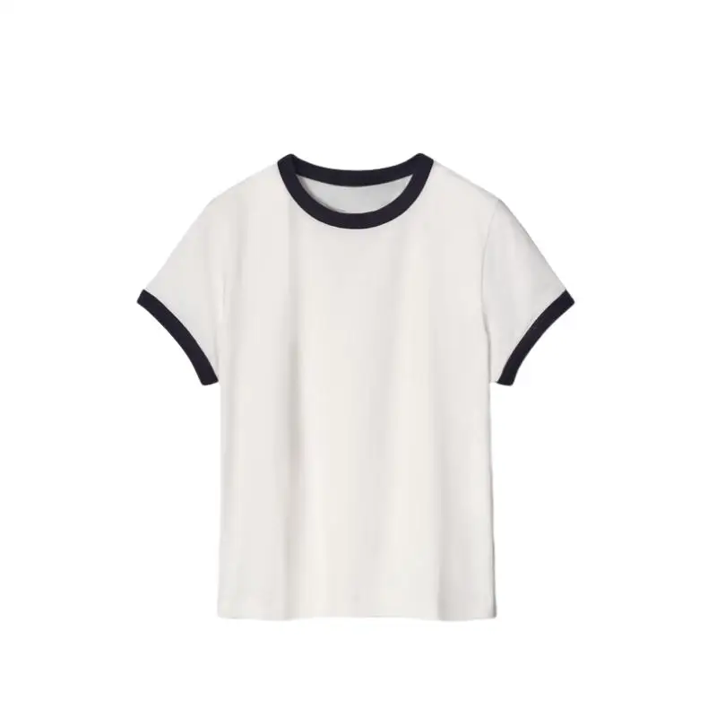 Slim Fit round Ne ort Sve T-irt Women's Faion Summer Cotton Blend Elastane Casual round Ne Top in Beige And Roya...