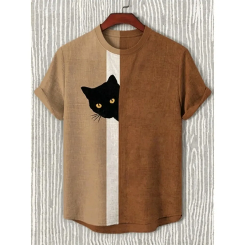 2026 Men's Fun Hide-and-Seek Black Cat Print T-Shirt, Summer Vacation Casual T-Shirt, Harajuku Style Outdoor Breathable T-Shirt