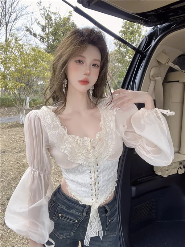 

Sexy Lace Splice Silk Fishbone Design Women's Shirt Sweet Pure Desire Square Collar Long Sleeve Women's Fashion Spring Clothing