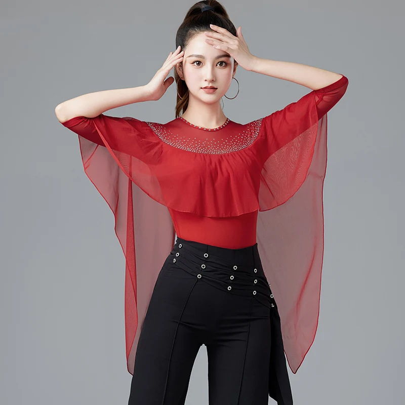 

2024 Modern Dance Tops For Women Mesh Sleeved Diamond Middle Sleeve Training Clothing Chacha Samba Latin Dance Costumes DQL9111