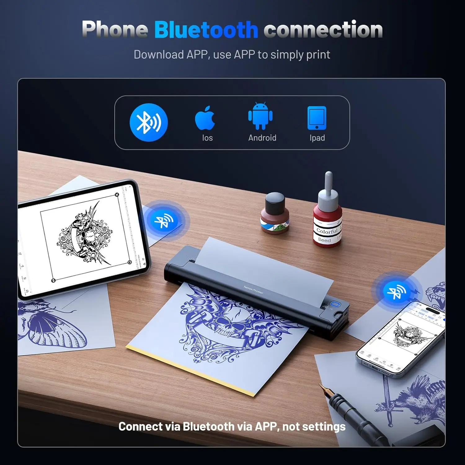 Wireless tattoo printer machine HD printing Bluetooth thermal tattoo Stencil printer A4 printer compatible with iPad Phone PC