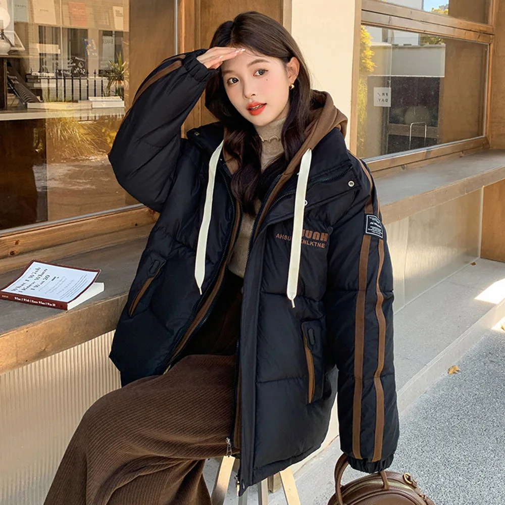 2024 New American Fake Two Piece Hooded Cotton Jacket For Women Warm Loose Casual Autumn Winter Coat Female Students Parkas Tops