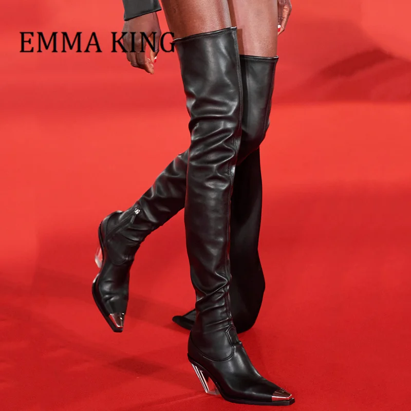 

Women Clear Chunky Heels Thigh High Boots Sexy Pointed Toe Over The Knee Boots Ladies Fashion Zipper Knight Boots Botas De Mujer