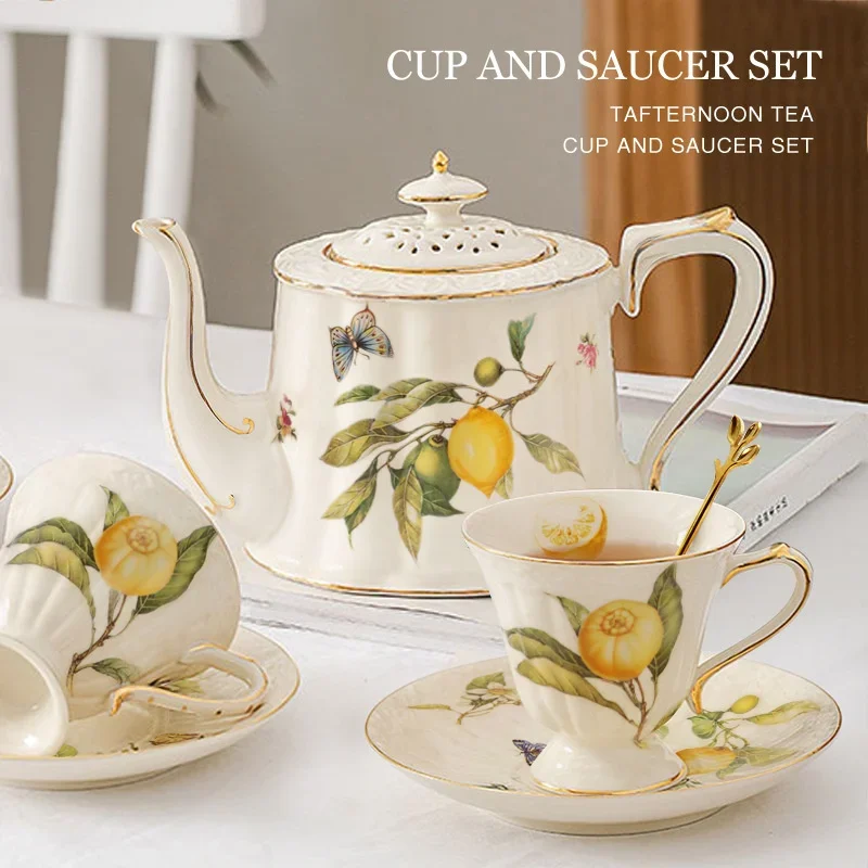 

Gold Edge Lemon Teapot Cup And Saucer Coffee Mug Ceramic Dinner Plates Drinkware For Birthday Wedding