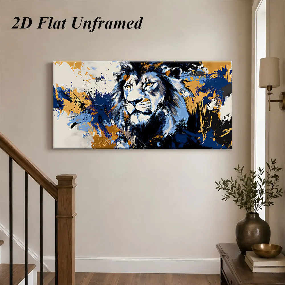 (1PC Unframe)1 modern abstract lion frameless decorative painting, blue orange contrasting design, artistic atmosphere, 2D plan