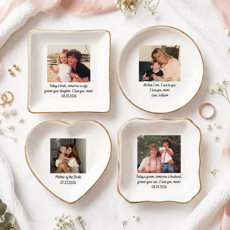 Custom Photo Text Ceramic Jewelry Dish Gold Rim Multi Shape Personalized Ring Trinket Tray Anniversary Birthday/Bridesmaid Gift