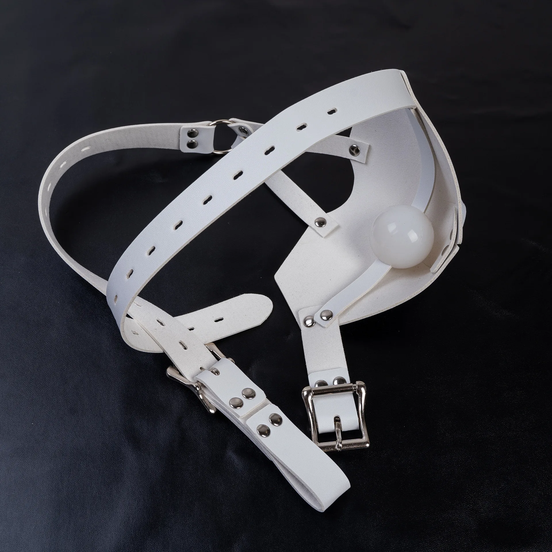 Adult Games Kawaii White PU Leather Head Harness with Built-in Ball Gag, Adjustable Restraint Accessory for Sex Toy