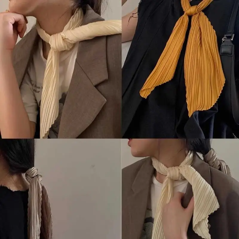 

Square Pleated Satin Scarf Women Solid Color Bandana Headscarf Headscarf Skinny Hair Tie Band Foulard Scarves Decorative