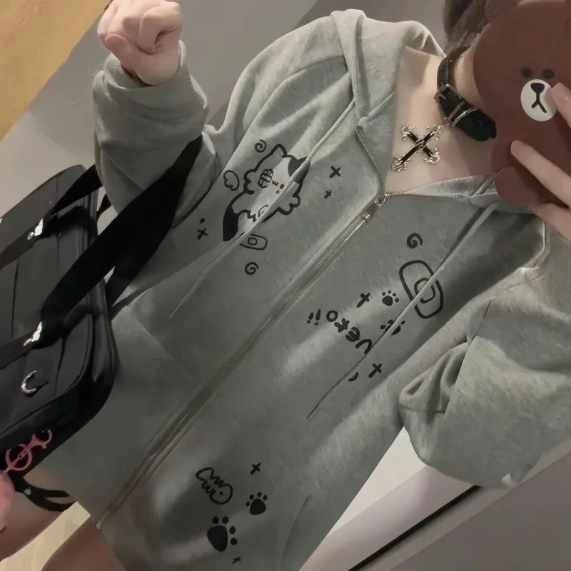 

New Spring and Autumn Sweet Cute Fishbone Cat Printed Loose Hoodie Heavy Weight Small and Comfortable Exquisite Cardigan Coat