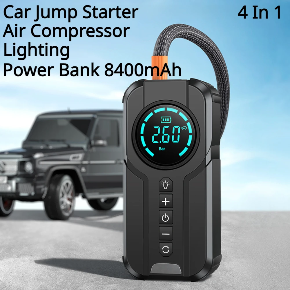 

4 In 1 Car Jump Starter Device Portable Power Bank Wireless Air Compressor Lighting External Battery Electric Devices For Cars