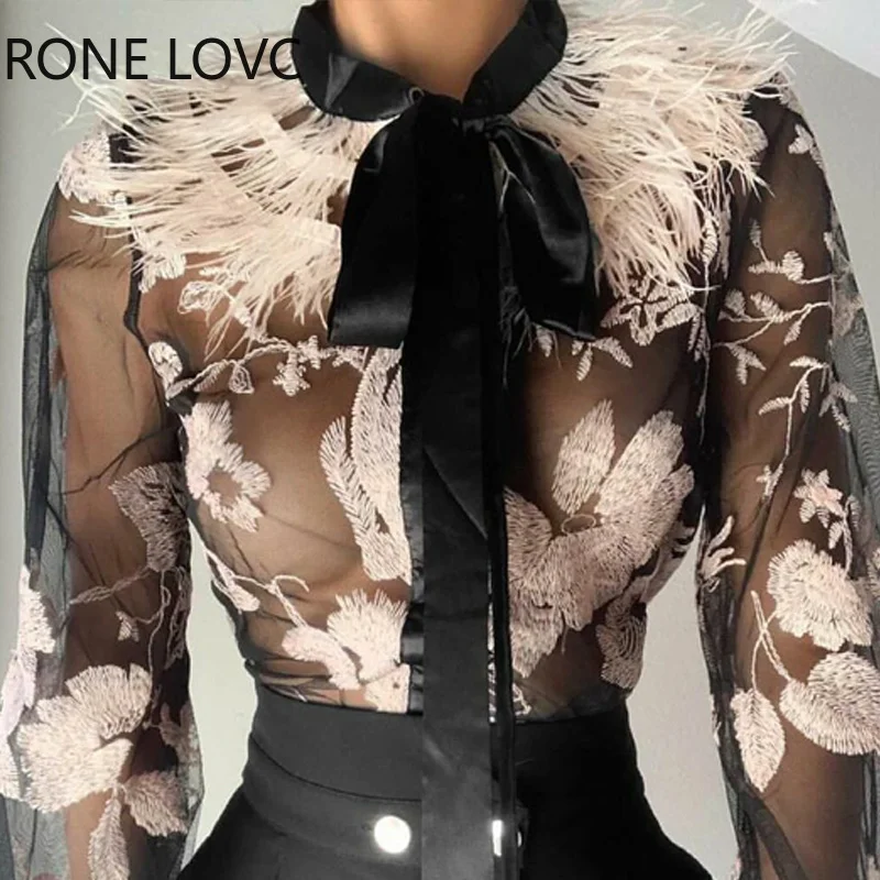 Imagem -03 - Mulheres Chic Floral Bowknot Lace up Pena Colarinho Perspectiva Malha Black Blusa