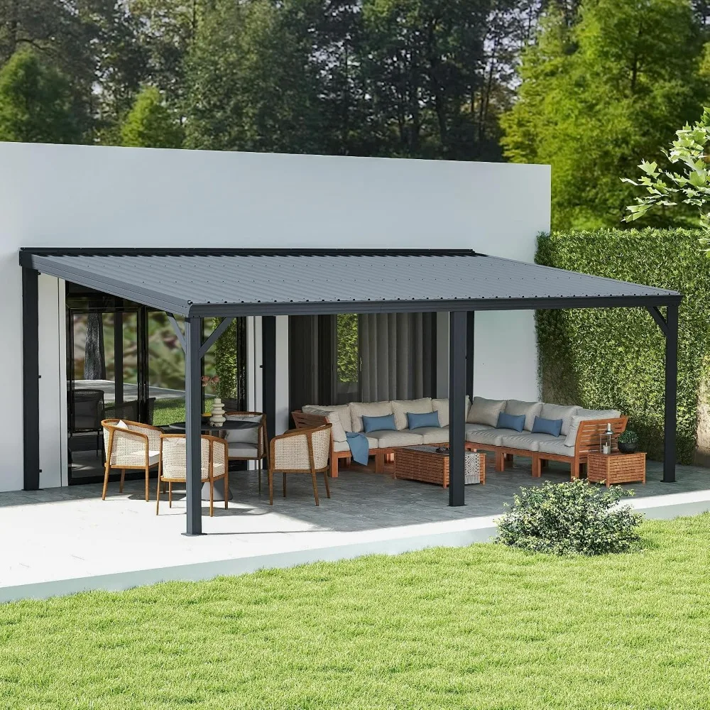 12' x 20' Lean to Gazebo Outdoor Wall Mounted Gazebo Pergola, Grey Drainage System，Galvanized Steel Roof, Hardtop Patio Shelter