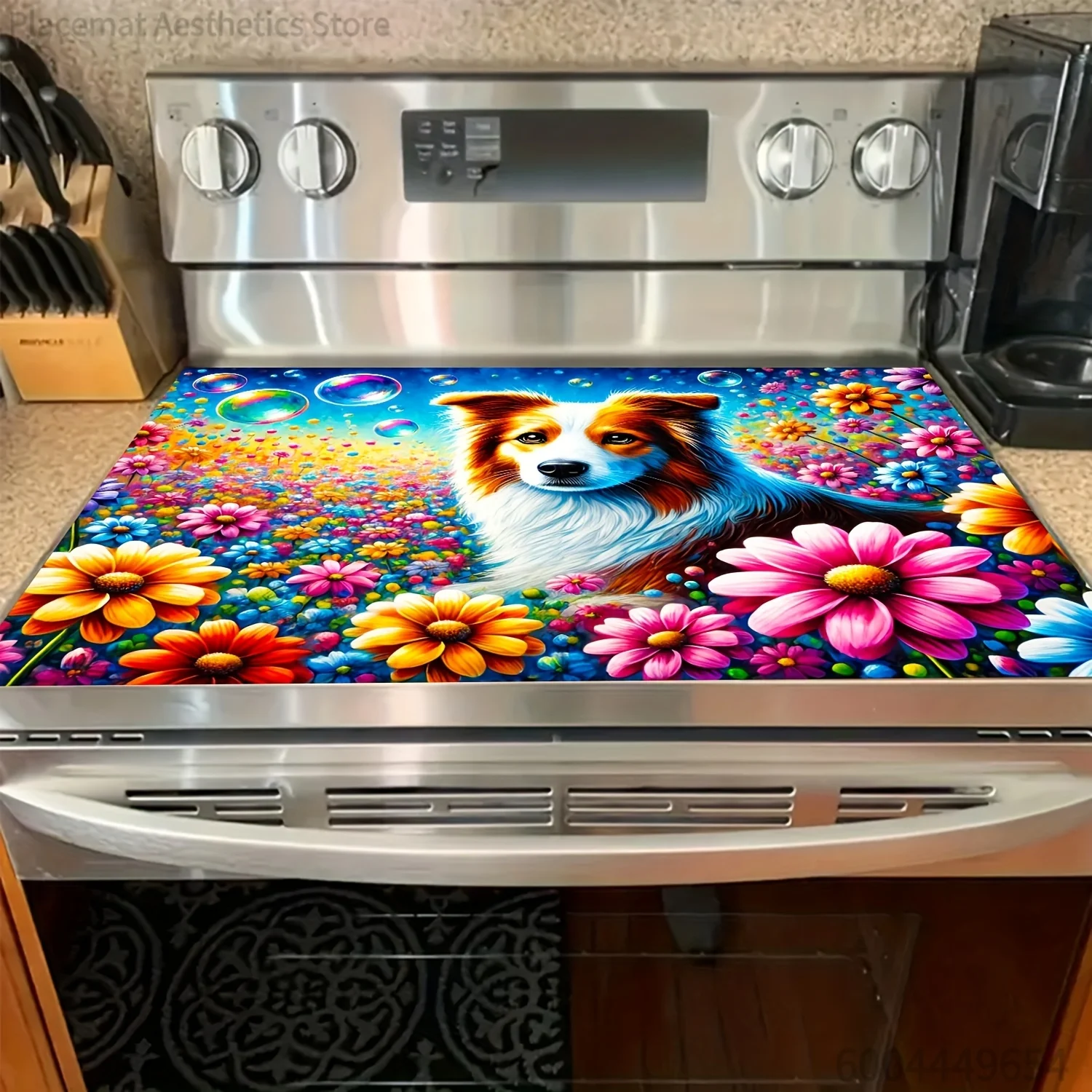 Vibrant Flowers Corgi Stove Top Cover Non Slip Polyester Mat for Cooktop Protection Colorful Kitchen Decor Heat Resistant