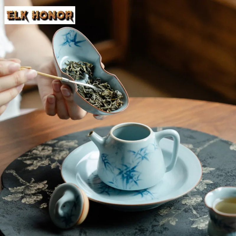 Ru Kiln Hand-painted Blue Bamboo Tea Scoop Vintage Tea Boxes Saucer Shovel Chahe Appreciation Ladle Teaware Accessories Craft