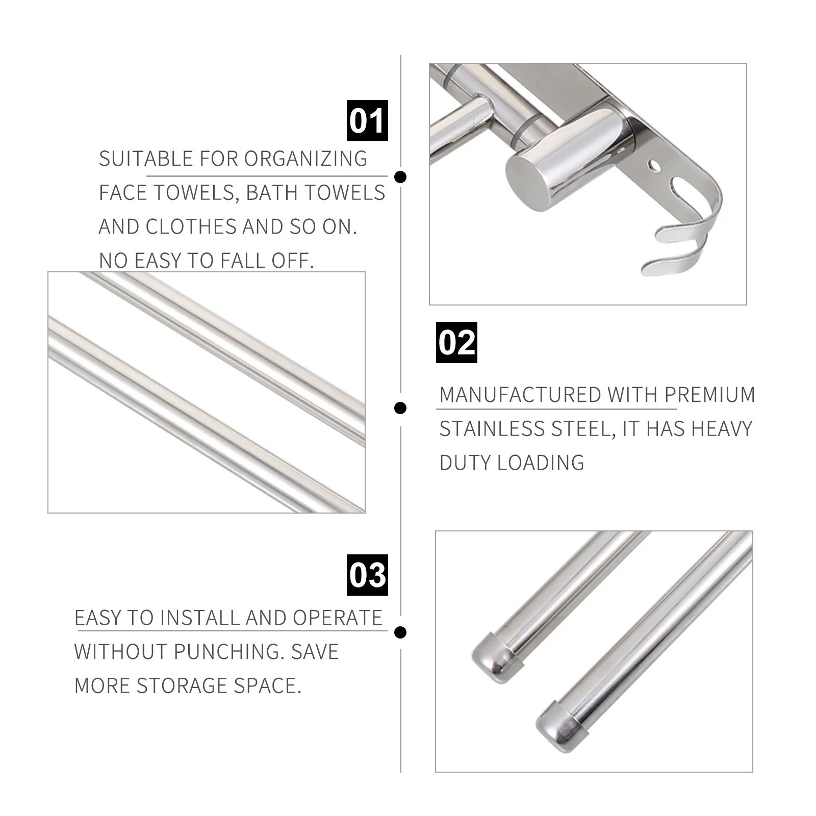 Stainless Steel Towel Rack No Punch Installation Heavy Duty Rust Resistant For Bathroom Kitchen Hotel Use Double Hooks