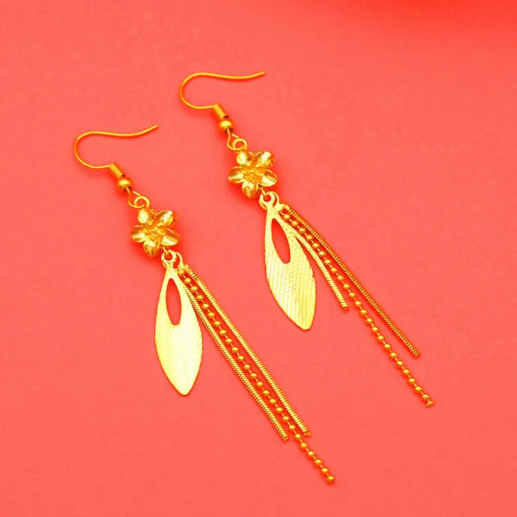 Classic Fashion 9999 24K Real Gold Luxury Long Tassel Earrings Personalized Bridal Earrings for Women