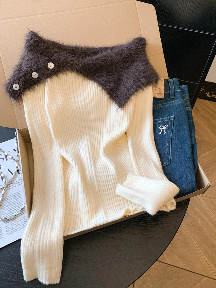 Autumn and Winter Splicing Plush Collar Off Shoulder Top Women Sexy Temperament Color Blocking Unique Knitted Sweater