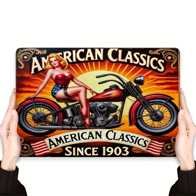 Vintage American Classic Motorcycle Metal Sign, Retro Iron Wall Art, Pin-Up Girl & Motorbike Decorative Plaque, 1903 A