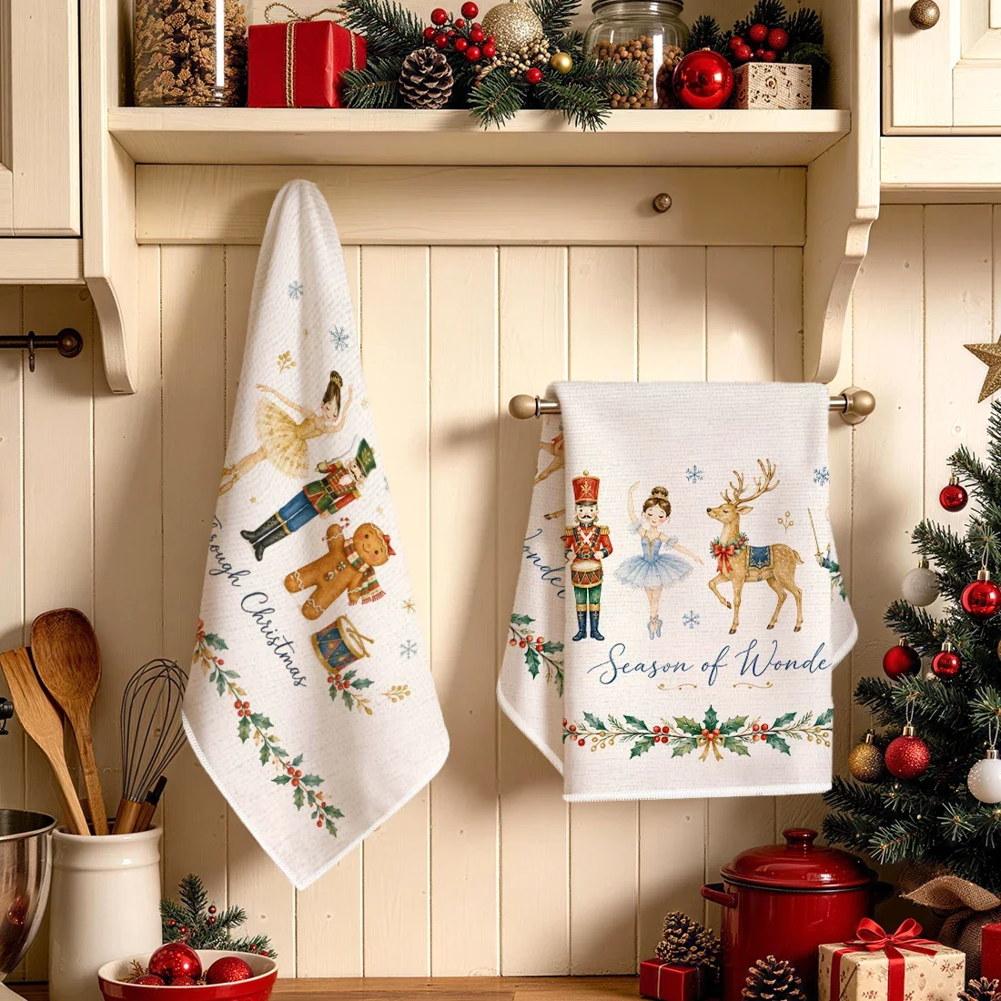 2pcs Set Kitchen Towels Christmas Gingerbread Man Fairy TaleHand Towels Christmas Decorations For Home Noel Dish Towels Gifts