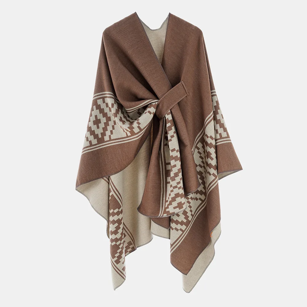 

New Bohemian Style Side Strap Soft Acrylic Cashmere Cape Long Poncho Unisex Travel Beach Cloak Coat All Seasons Wraps 8 Colors