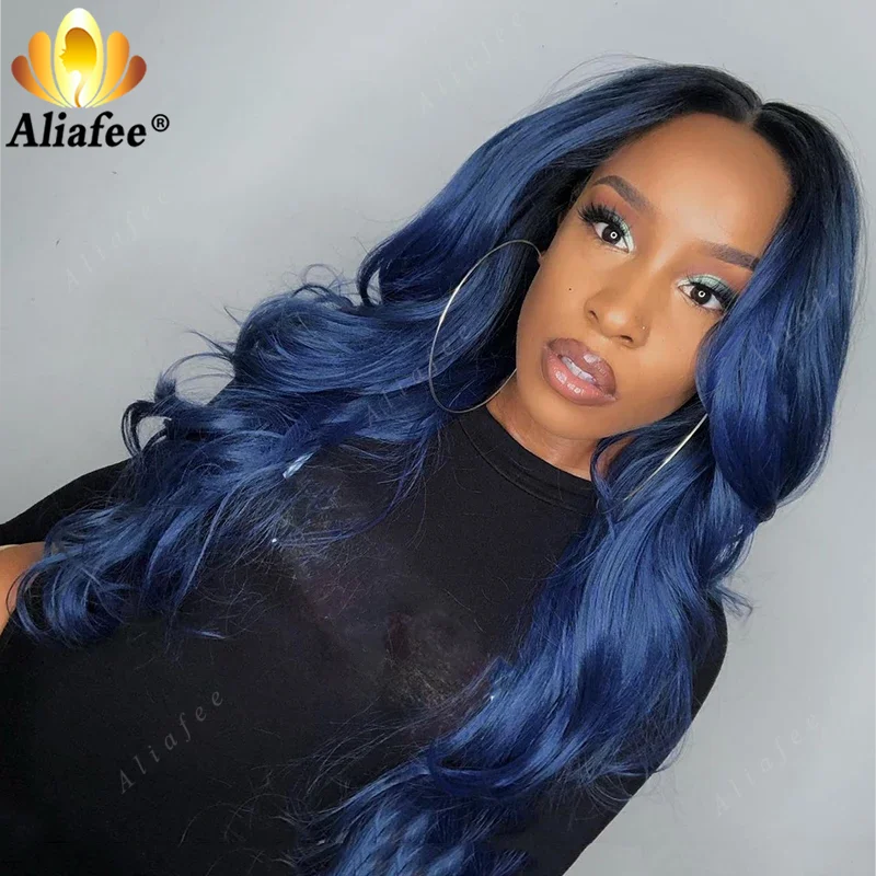 Transparent Dark Blue 13x6 Body Wave Wigs Pre Plucked 28 30 Inch Lace Front Human Hair Wigs Ombre Colored 13x4 Lace Front Wig image 2